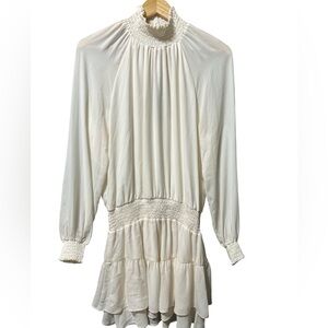 Krisa Smocked Mock Turtleneck Elegant Off-White Mini‎ Dress Medium NWT